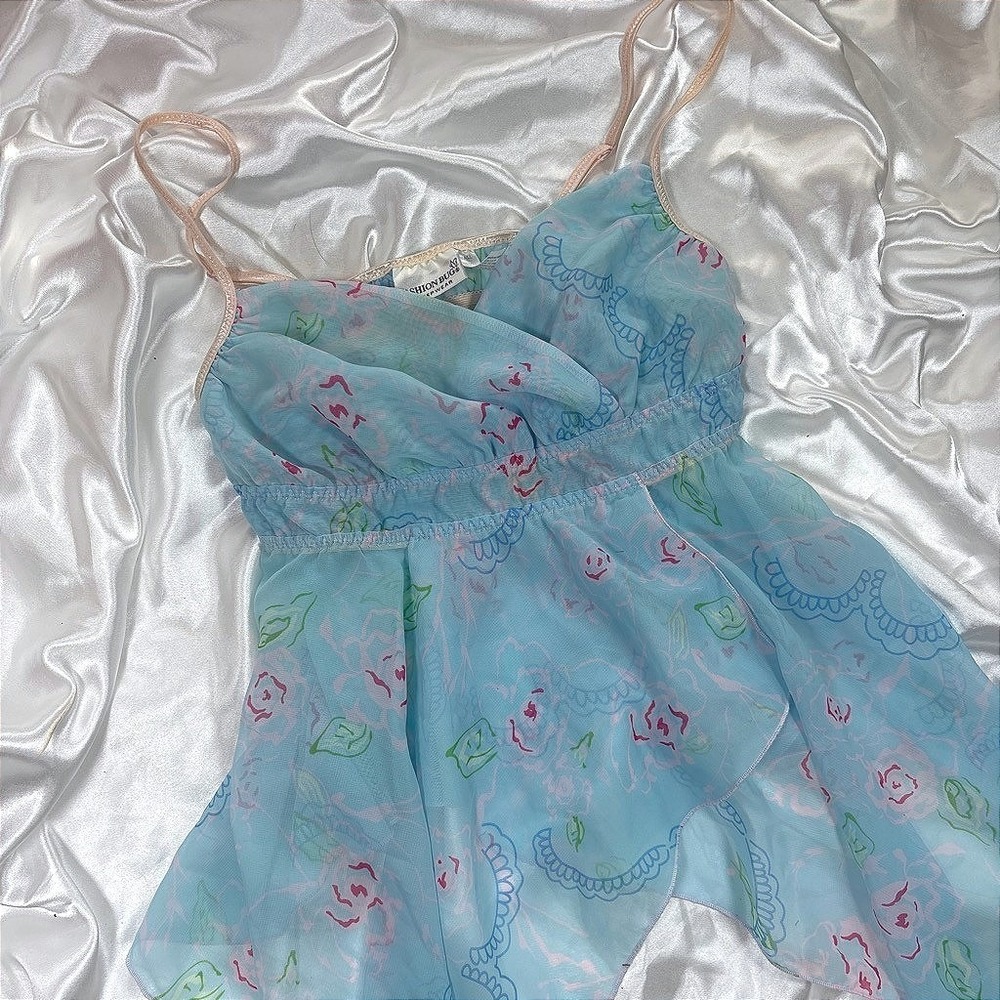 Vintage Babydoll Top Blue Excellent Floral Sheer Handkerchief Hem Y2K Camisole